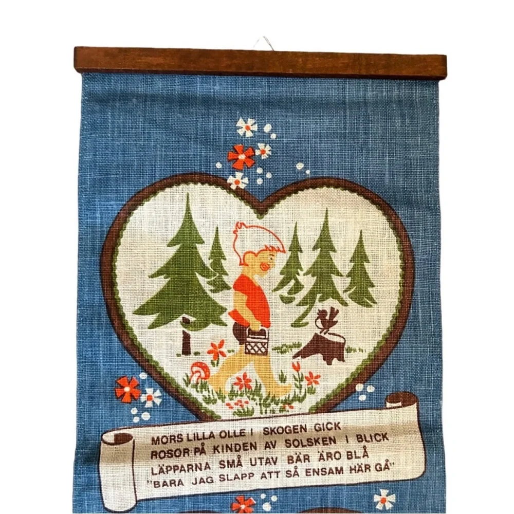 Vintage Mid-Century Scandinavian Textile Art Wall Hanging Retro Boy & Bear Story